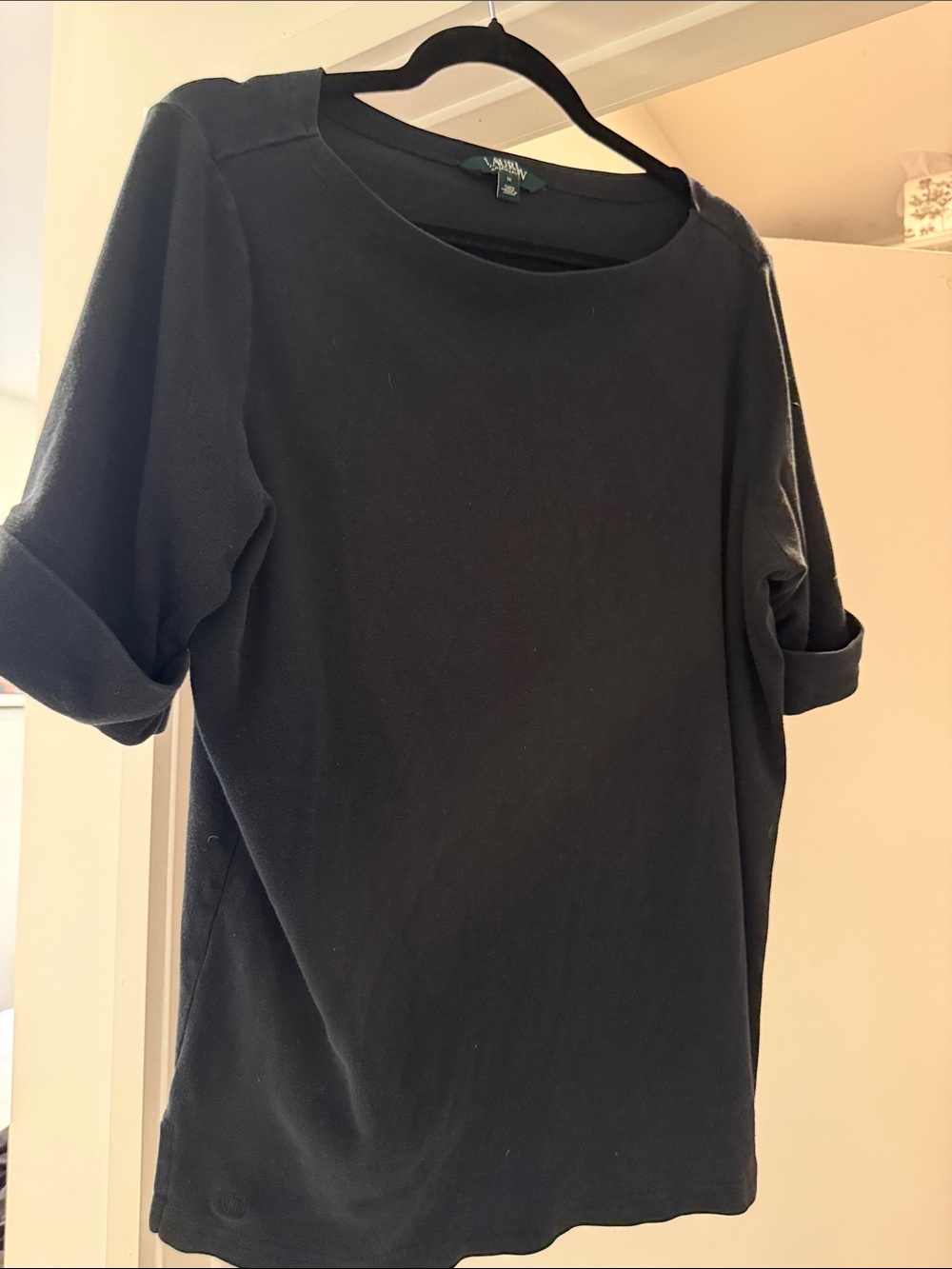Lauren Ralph Lauren Black Boat Neck Rolled-Sleeve Short-Sleeve Knit Top